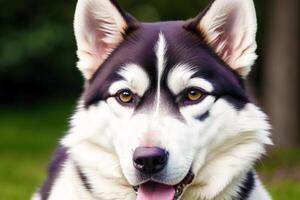 ritratto di un' bellissimo alaskan rauco cane nel il parco. siberiano rauco cane con blu occhi nel inverno foresta. generativo ai foto