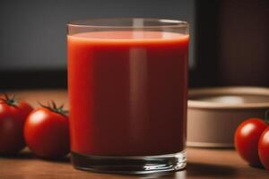 fresco pomodoro succo nel un' bicchiere su un' di legno sfondo, avvicinamento. salutare cibo concetto. generativo ai foto