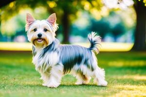 carino di razza australiano di seta terrier. ritratto di un' bellissimo australiano di seta terrier cane giocando nel il parco. generativo ai foto