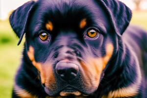 rottweiler. ritratto di un' bellissimo rottweiler cane giocando nel il parco. generativo ai foto