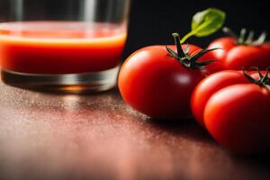 fresco pomodoro succo nel un' bicchiere su un' di legno sfondo, avvicinamento. salutare cibo concetto. generativo ai foto