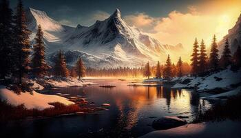 bellissimo neve montagna Visualizza con fiume nel davanti e luce del sole splendente creato con generativo ai tecnologia. foto