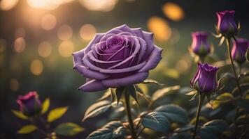 bellissimo viola Rose con un' brillante tramonto incandescenza, ai generato foto