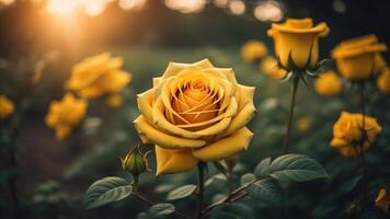 naturale giallo rosa fiori con un' scintillante tramonto luce, ai generato foto