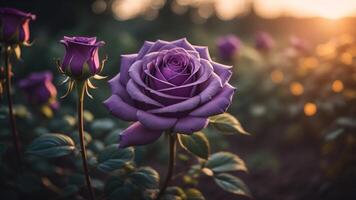 bellissimo viola Rose con un' brillante tramonto incandescenza, ai generato foto