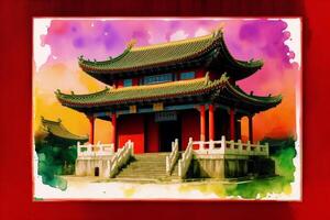 Cinese antico tempio. digitale pittura..acquerello dipingere. digitale arte, generativo ai foto