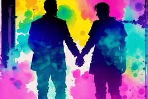 orgoglio mese. un' colorato illustrazione di Due uomini Tenere mani. gay coppia la spesa tempo insieme. lgbtq. generativo ai foto