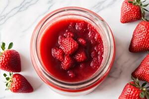 fragola marmellata nel un' bicchiere vaso con fresco fragole, avvicinamento. salutare cibo concetto. generativo ai foto