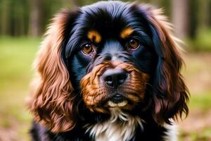 ritratto di un' bellissimo cane razza americano cocker spaniel. un' bellissimo cavaliere re charles spaniel cane nel il parco. generativo ai foto