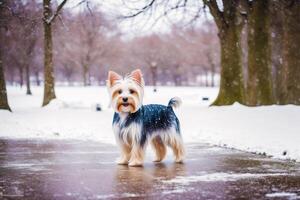 carino di razza australiano di seta terrier. ritratto di un' bellissimo australiano di seta terrier cane giocando nel il parco. generativo ai foto