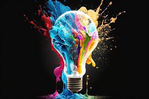 illustrazione di colorato lampadina con spruzzo di colori su nero sfondo. creatività, euro, immaginazione, ispirazione. generativo ai. idea e soluzione concetto foto