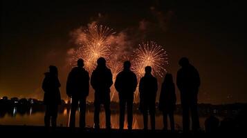 silhouette di persone guardare a fuochi d'artificio. ai generativo foto