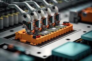 interno di industria fabbrica, robot montaggio linea con elettrico auto batteria cellule modulo su piattaforma. generativo ai foto
