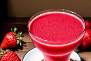 fresco fragola frullato nel un' bicchiere su un' di legno tavolo., avvicinamento. salutare cibo concetto. generativo ai foto