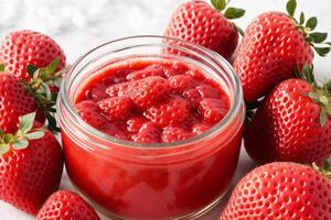 fragola marmellata nel un' bicchiere vaso con fresco fragole, avvicinamento. salutare cibo concetto. generativo ai foto