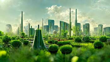 spettacolare eco-futuristico paesaggio urbano pieno con verde, grattacieli, parchi, e altro artificiale verde spazi nel urbano la zona. verde giardino nel moderno città. foto