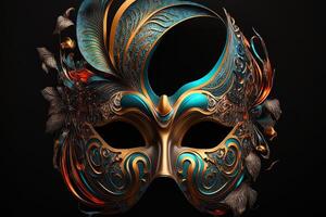 festivo carnevale maschera con ricco decorazione, attributi di il brasiliano carnevale. veneziano carnevale maschera e perline decorazione. mardi gras sfondo. generativo ai foto