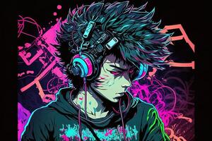 generativo ai un neon gamer anime moda ragazzo o uomo indossare cuffia, perso nel il suo musica. astratto sfondo quello evoca il sensazione di diverso generi di musica. bandiera musica concetto foto