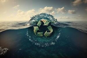 riciclare simbolo nel il oceano. generativo ai verde energia concetto, no Di Più spazzatura e plastica nel mare. Salva il oceano a partire dal spazzatura. proteggere il oceani e mari. eco energia foto