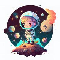 generativo ai adorabile ragazzo astronauta, nel esterno spazio, in piedi su un' pianeta, luminosa colorato asteroidi e galassie, chiaro di luna splendente fuori uso, chibi stile. emblema per spazio viaggiare, tecnologia, carineria foto