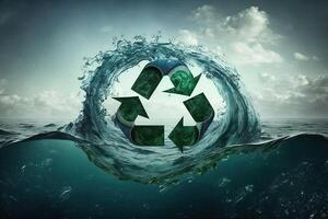 riciclare simbolo nel il oceano. generativo ai verde energia concetto, no Di Più spazzatura e plastica nel mare. Salva il oceano a partire dal spazzatura. proteggere il oceani e mari. eco energia foto