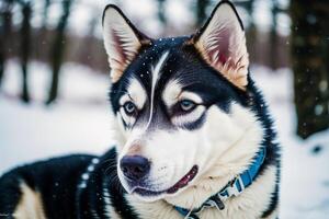 ritratto di un' bellissimo alaskan rauco cane nel il parco. siberiano rauco cane con blu occhi nel inverno foresta. generativo ai foto