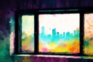 astratto colorato acquerello sfondo con grattacieli. bellissimo silhouette di il città. digitale arte, generativo ai foto