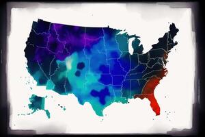 carta geografica di Stati Uniti d'America con stati nel diverso occhiali da sole di blu e rosso. acquerello dipingere. digitale arte, generativo ai foto