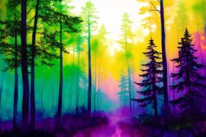 nebbioso foresta nel il mattina. digitale la pittura. colorato sfondo.acquerello dipingere. generativo ai foto