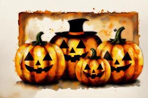 Halloween cartolina. Halloween sfondo con zucche e acquerello spruzzata. acquerello dipingere. digitale arte, generativo ai foto