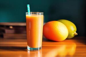 bicchiere di fresco Mango succo su di legno tavolo, avvicinamento. salutare cibo concetto. generativo ai foto