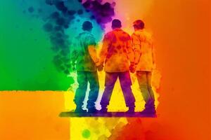 orgoglio mese. un' colorato illustrazione di Due uomini Tenere mani. gay coppia la spesa tempo insieme. lgbtq. generativo ai foto