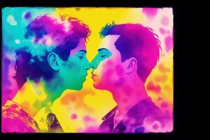 orgoglio mese. un illustrazione di Due uomini baciare. gay coppia la spesa tempo insieme. lgbtq. generativo ai foto