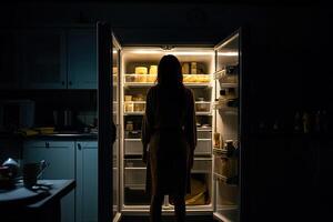 Affamato donna guardare per cibo nel frigo a notte. generativo ai foto