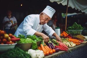 asiatico capocuoco la scelta fresco verdure a cibo mercato. generativo ai foto