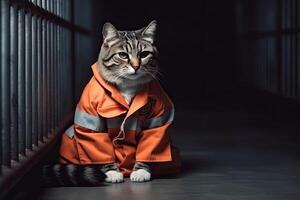 gatto nel prigioniero costume nel prigione gabbia. generativo ai foto
