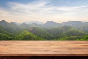 vuoto di legno tavolo con sfocato montagna paesaggio sfondo. generativo ai foto