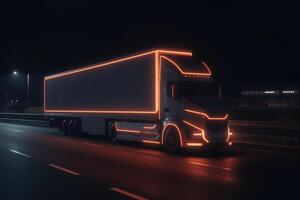 raggiante carico camion. futuristico consegna e logistica concetto. generativo ai foto