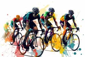 ciclisti squadra equitazione su biciclette, colore disegno. bicicletta gara striscione. generativo ai foto