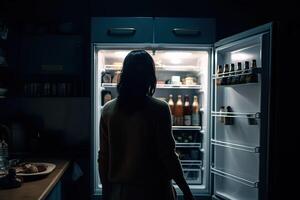 Affamato donna guardare per cibo nel frigo a notte. generativo ai foto