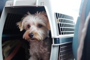 cane nel vettore gabbia. in viaggio con animale domestico. generativo ai foto