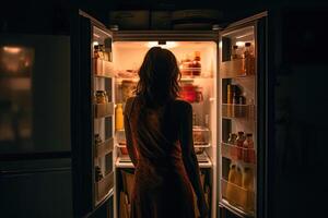 Affamato donna guardare per cibo nel frigo a notte. generativo ai foto