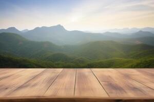 vuoto di legno tavolo con sfocato montagna paesaggio sfondo. generativo ai foto