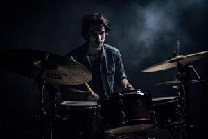 musicista giochi batteria, batterista su buio sfondo. generativo ai foto
