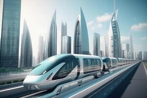 futuristico alto velocità treno nel città. generativo ai foto