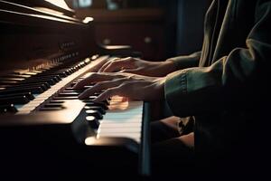 musicista mani su pianoforte tastiera del computer. classico musica strumento. generativo ai foto