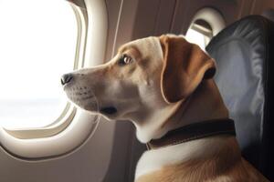 cane vicino finestra su tavola un aereo in viaggio con animali domestici. generativo ai foto