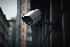 sorveglianza telecamera a città strada. cctv monitoraggio sistema. generativo ai foto