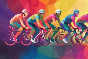 ciclisti squadra equitazione su biciclette, colore disegno. bicicletta gara striscione. generativo ai foto