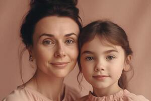 madre e figlia ritratto su rosa sfondo. generativo ai foto